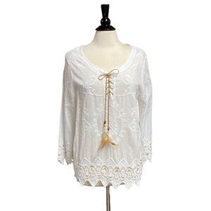 Avalon White Bohemian Embroidered Lace Top Size L/XL NWT